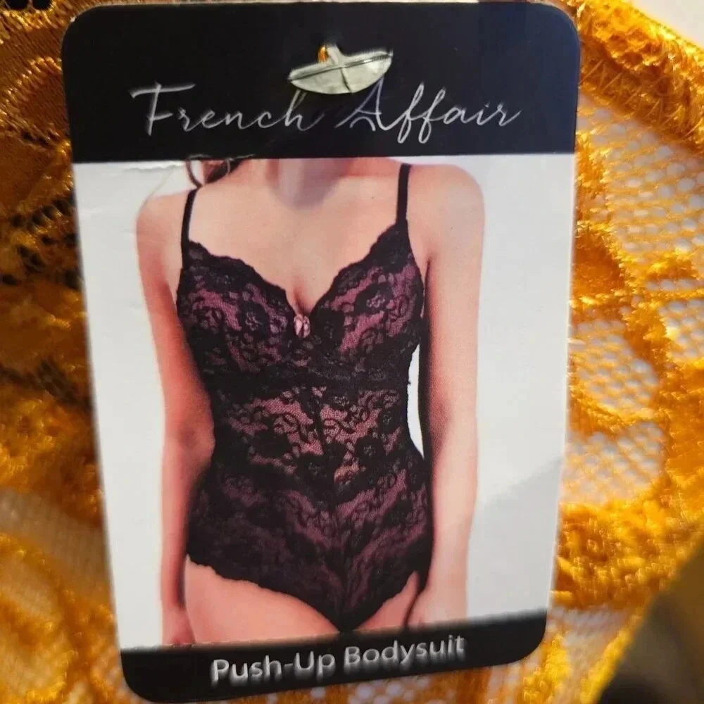 NWT French Affair Push Up Bra Bodysuit Gold Lined with Black Lingerie Size Small - Picture 1 of 9